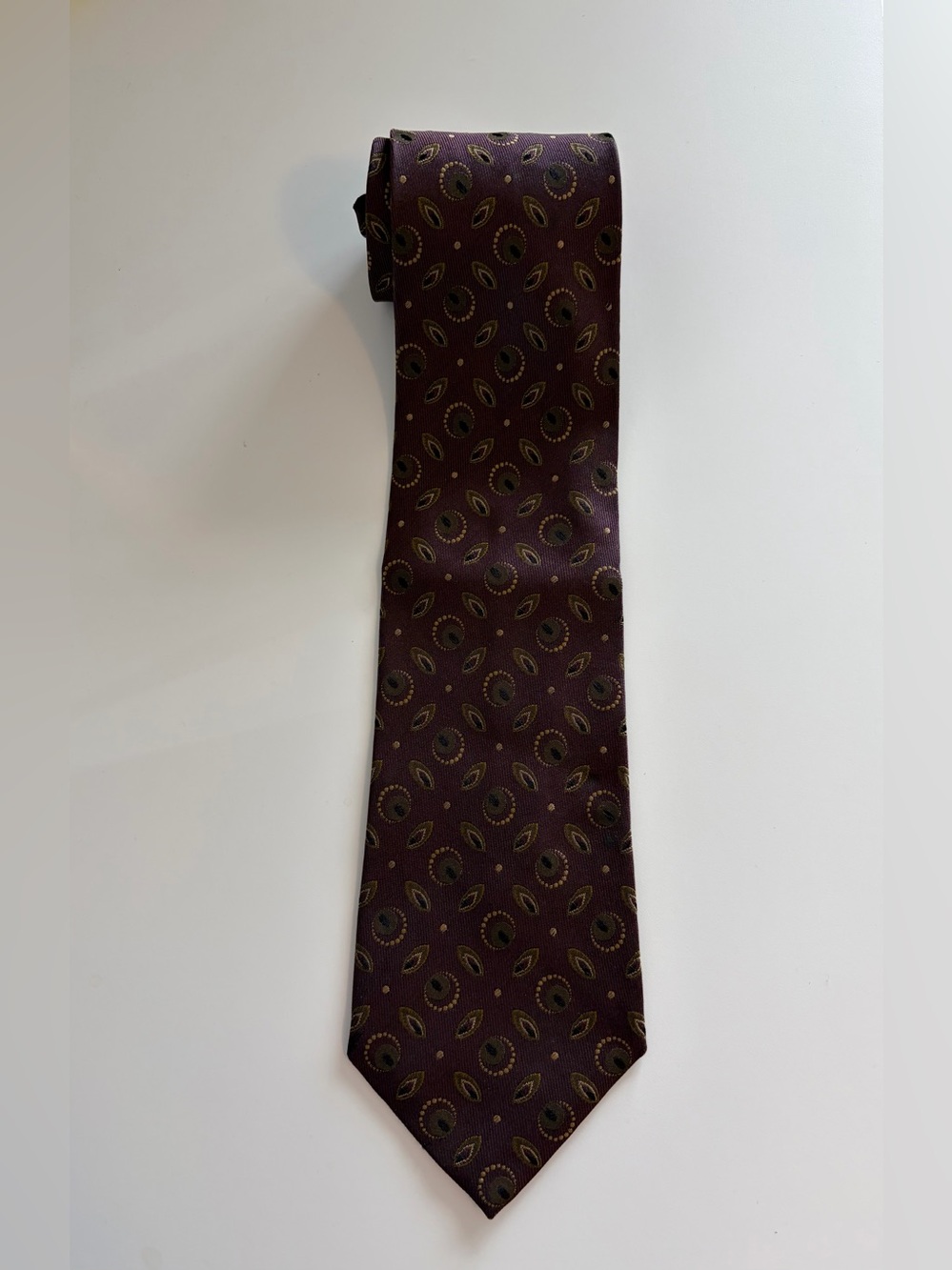 Ermenegildo Zegna 100% Silk Tie Burgundy Olive Gold Geometric Pattern